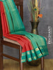 Pure kanjivaram silk saree reddish orange and teal blue with zari woven buttas and rettapet zari woven korvai border