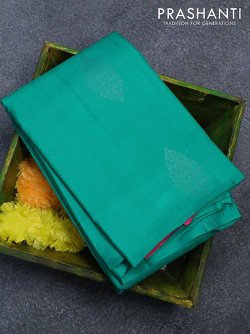 Pure kanjivaram silk saree teal blue and pink shade with silver zari woven buttas in borderless style