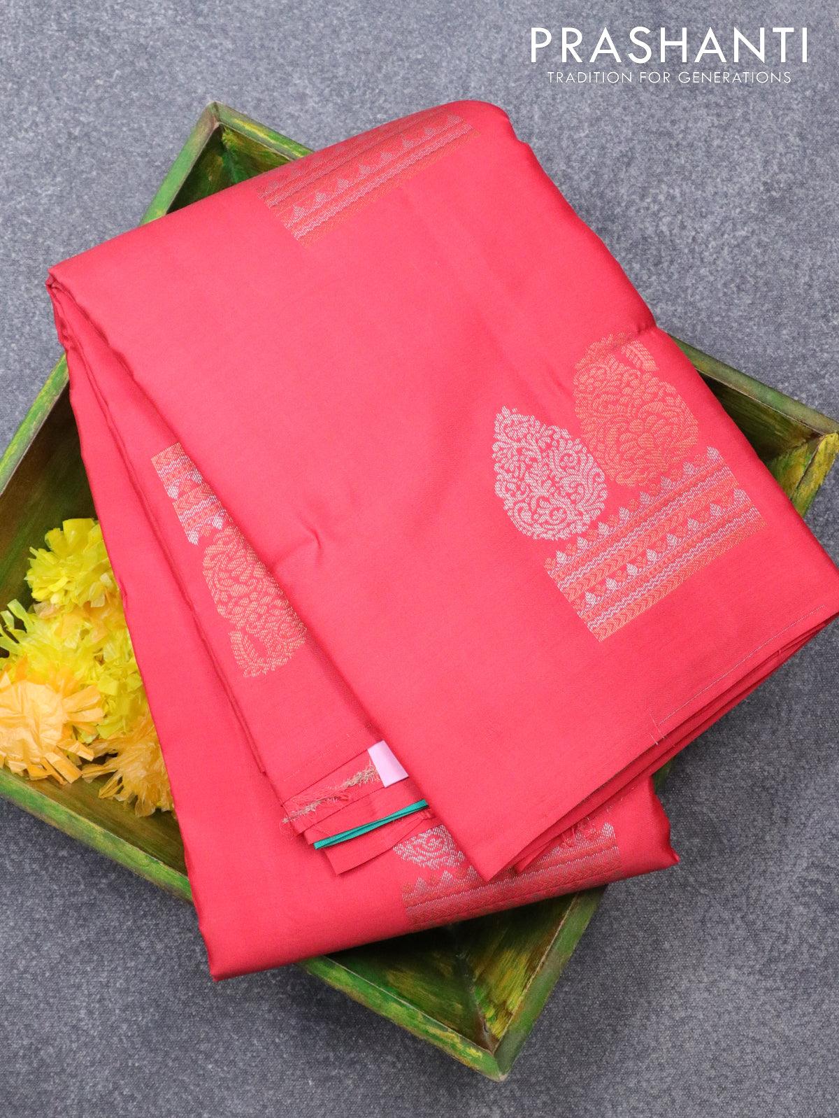 Pure kanjivaram silk saree tomato pink and teal green with silver & copper zari woven buttas in borderless style