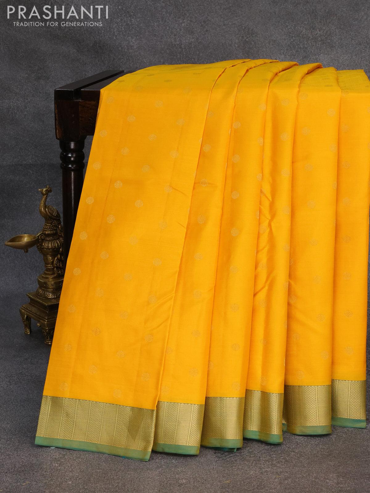 Pure kanjivaram silk saree yellow and green with zari woven buttas and zari woven border