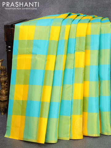 Pure kanjivaram silk saree yellow teal blue and deep purple with paalum pazhamum check in borderless style