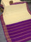 Pure mysore silk saree cream and purple with plain body and zari woven border