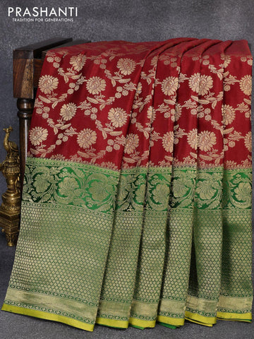 Pure mysore silk saree maroon and green with allover floral zari woven brocade weaves and long zari woven border