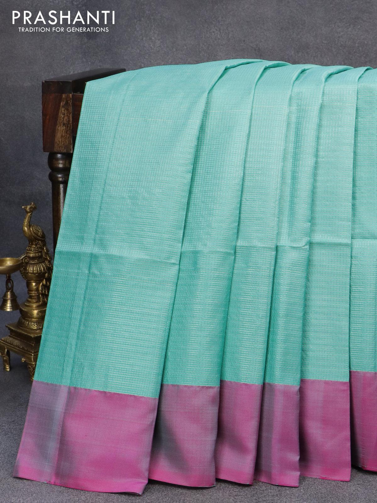 Pure soft silk saree light blue and pink with allover small zari checked pattern and simple border