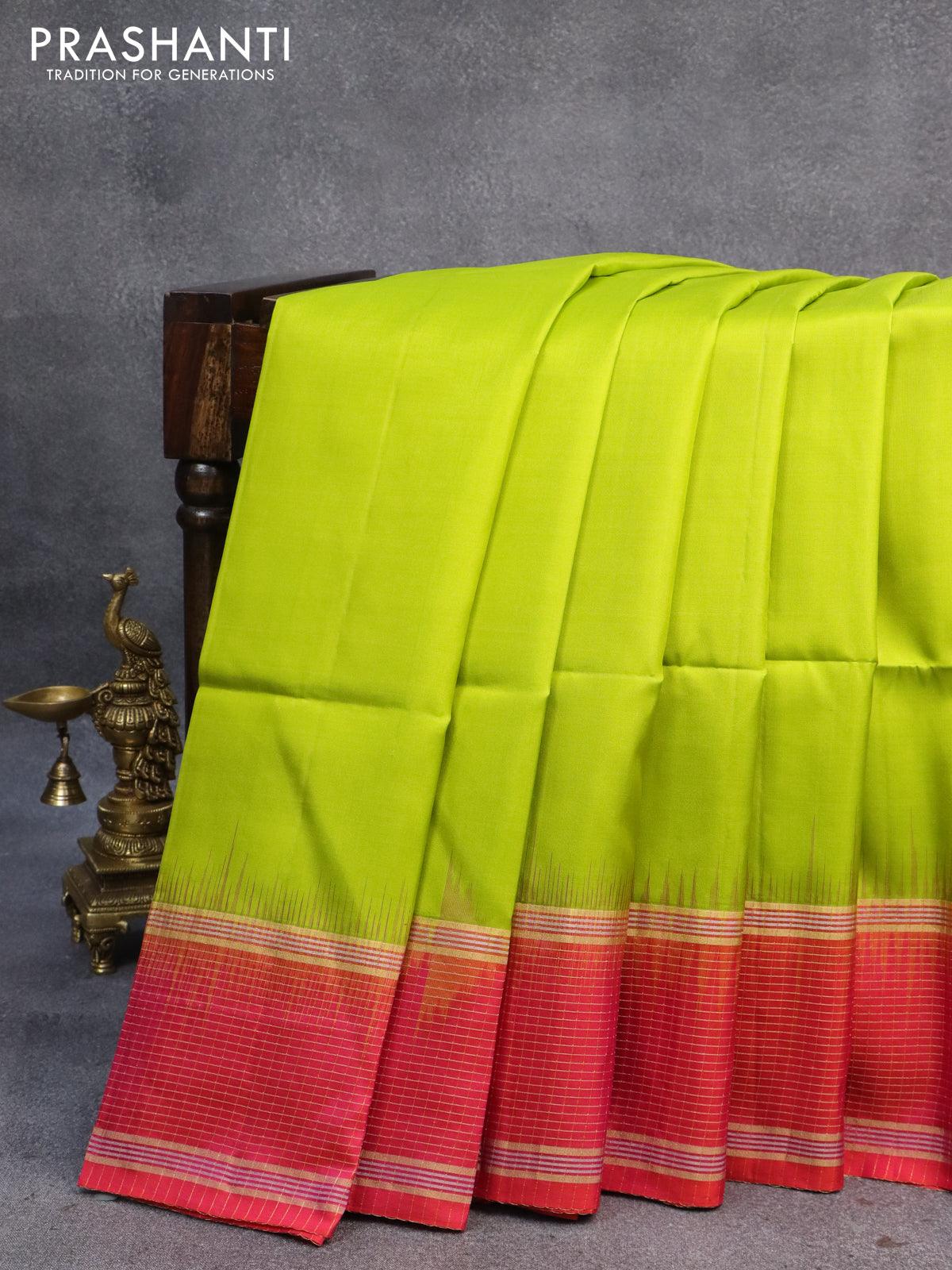 Pure soft silk saree lime green and dual shade of pinkish orange with plain body and zari woven checked border