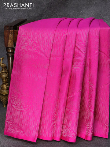 Pure soft silk saree pink and grey with allover silver zari woven brocade weaves in borderless style