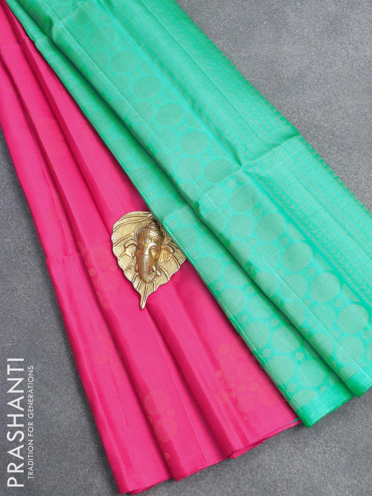 Pure soft silk saree pink and teal blue with copper zari woven buttas in borderless style