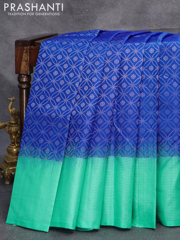 Pure soft silk saree royal blue and teal blue with allover silver zari woven geometric weaves and silver zari woven simple border