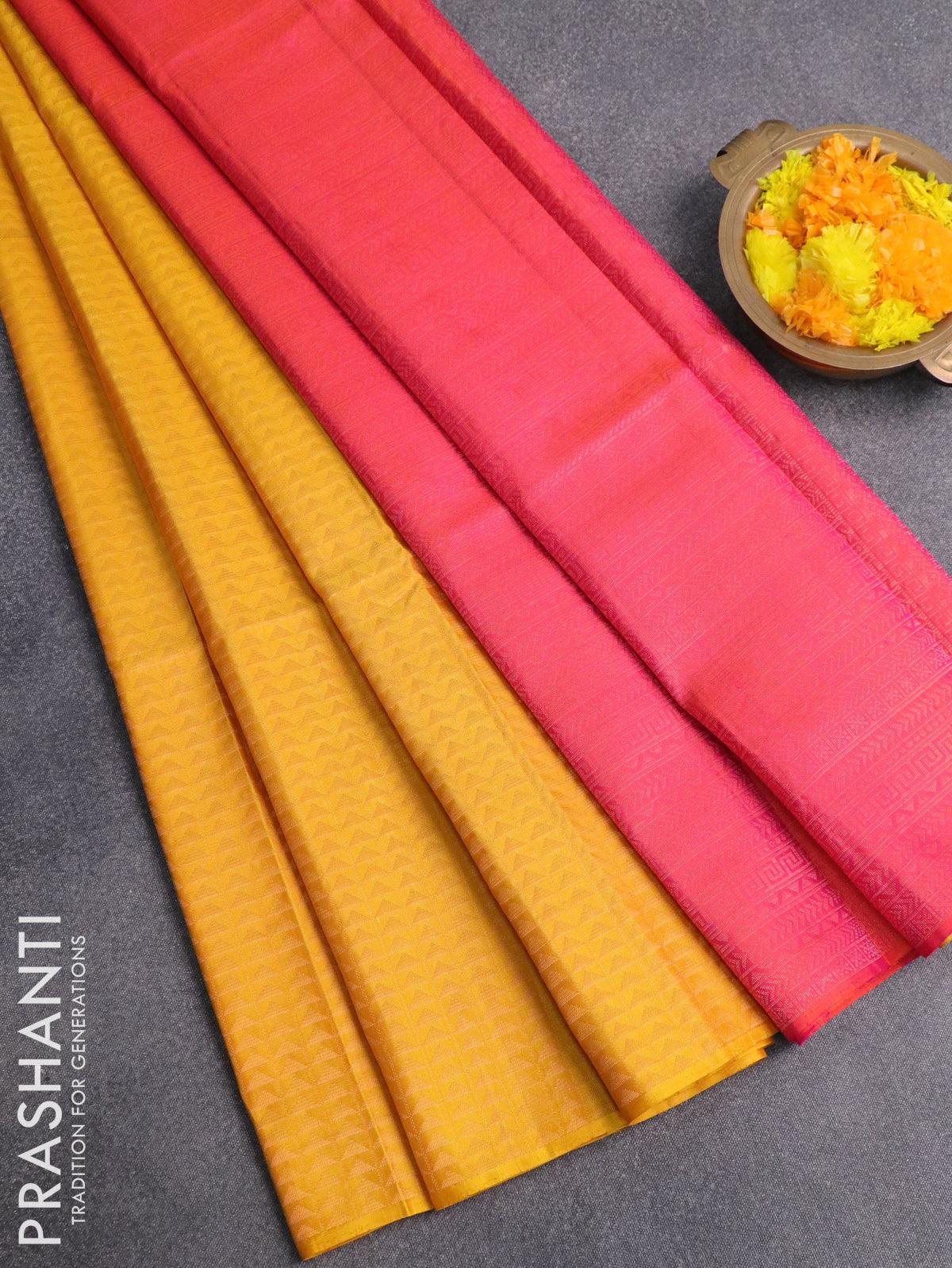 Pure soft silk saree yellow and dual shade of pinkish orange with allover zari woven geometric zari weaves in borderless style