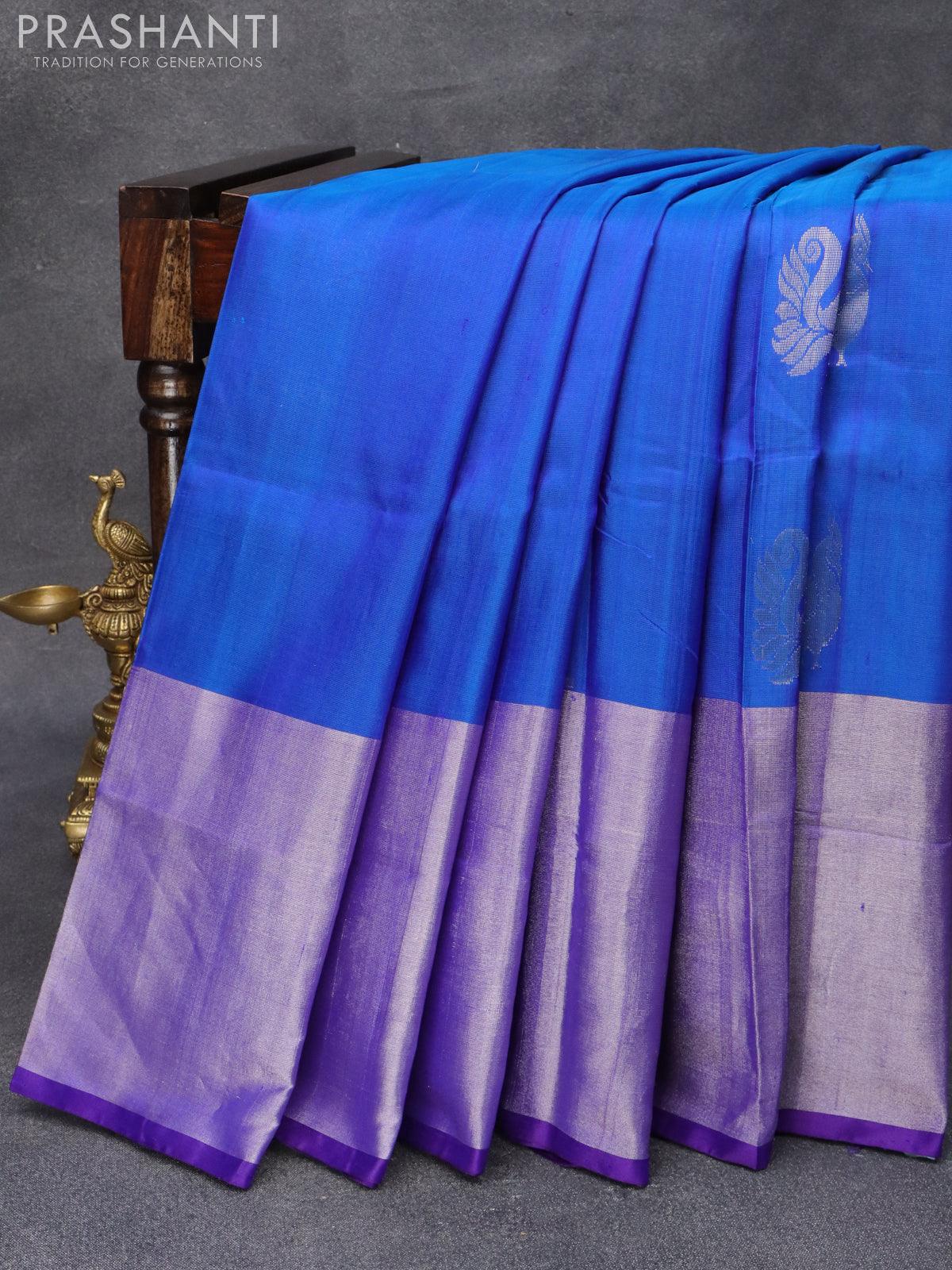 Pure uppada silk saree cs blue and blue with silver zari woven buttas and long silver zari woven border