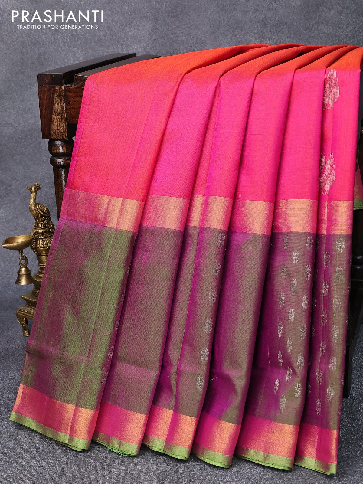 Pure uppada silk saree dual shade of pink and light green with silver zari woven annam buttas and zari woven border
