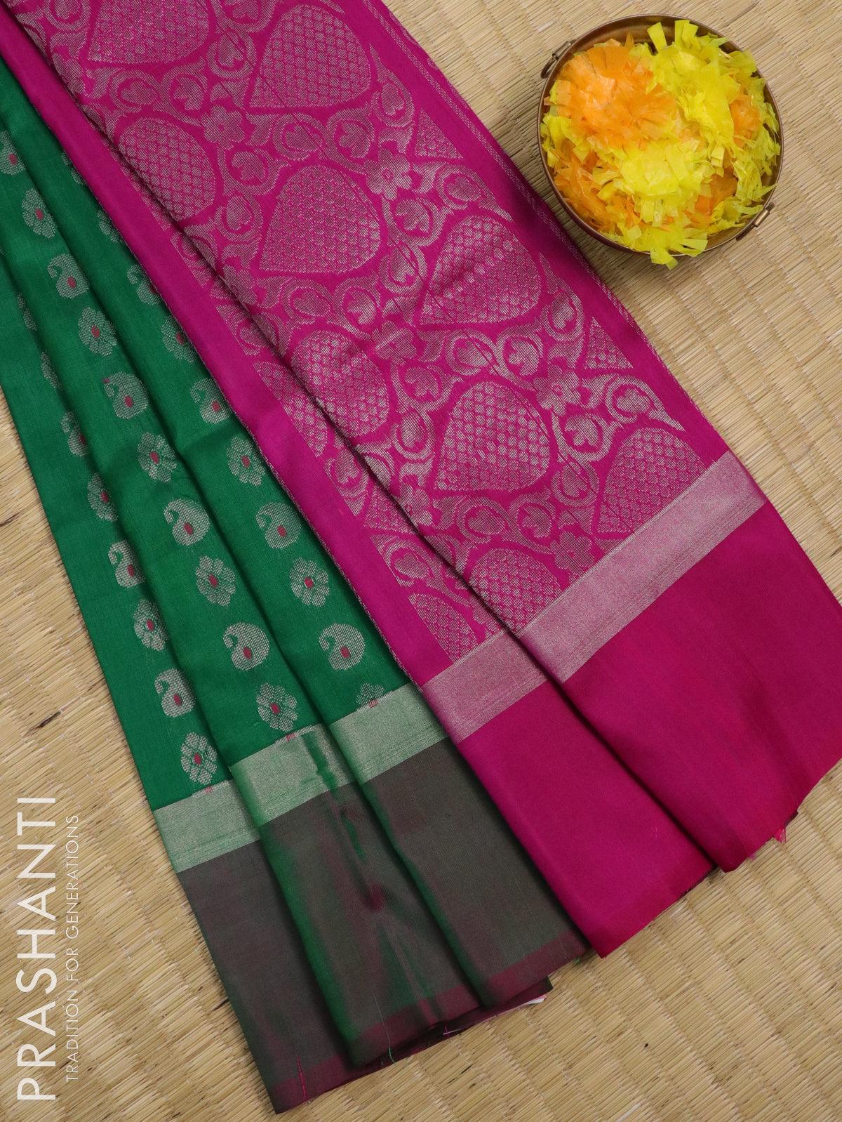 Pure uppada silk saree green and pink with allover silver zari woven buttas and silver zari woven simple border