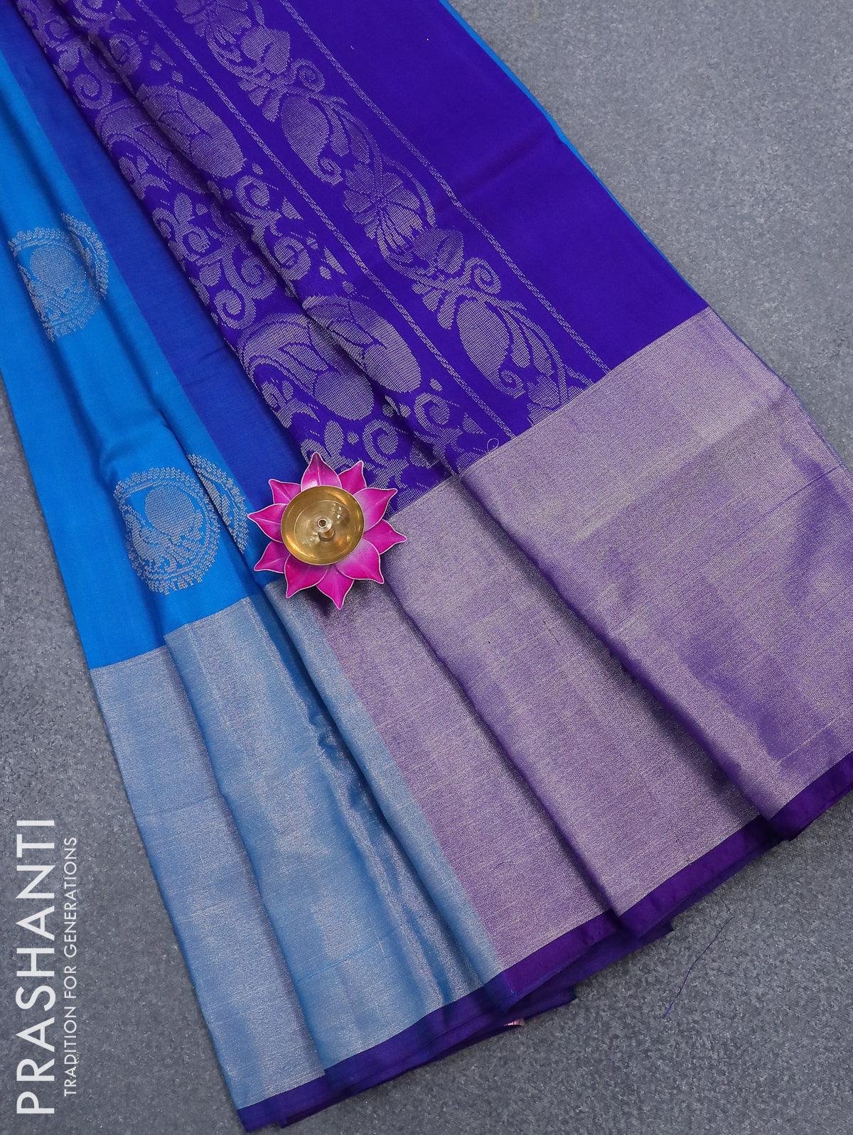 Pure uppada silk saree light blue and royal blue with silver zari woven annam buttas and long silver zari woven border