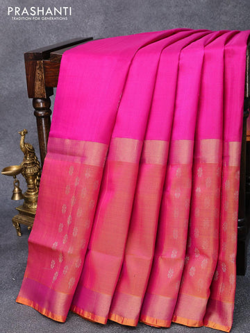 Pure uppada silk saree pink and mustard yellow with silver zari woven annam buttas and zari woven border
