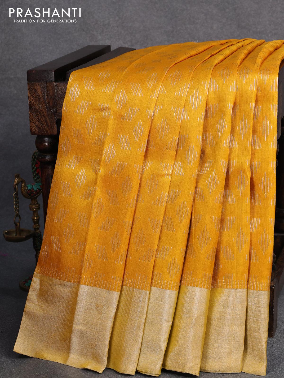 Pure uppada silk saree yellow and blue with allover zari woven geometric weaves and silver zari woven border-UFO2619