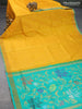 Pure uppada silk saree yellow and teal green with thread & silver zari woven paisley buttas and piping border
