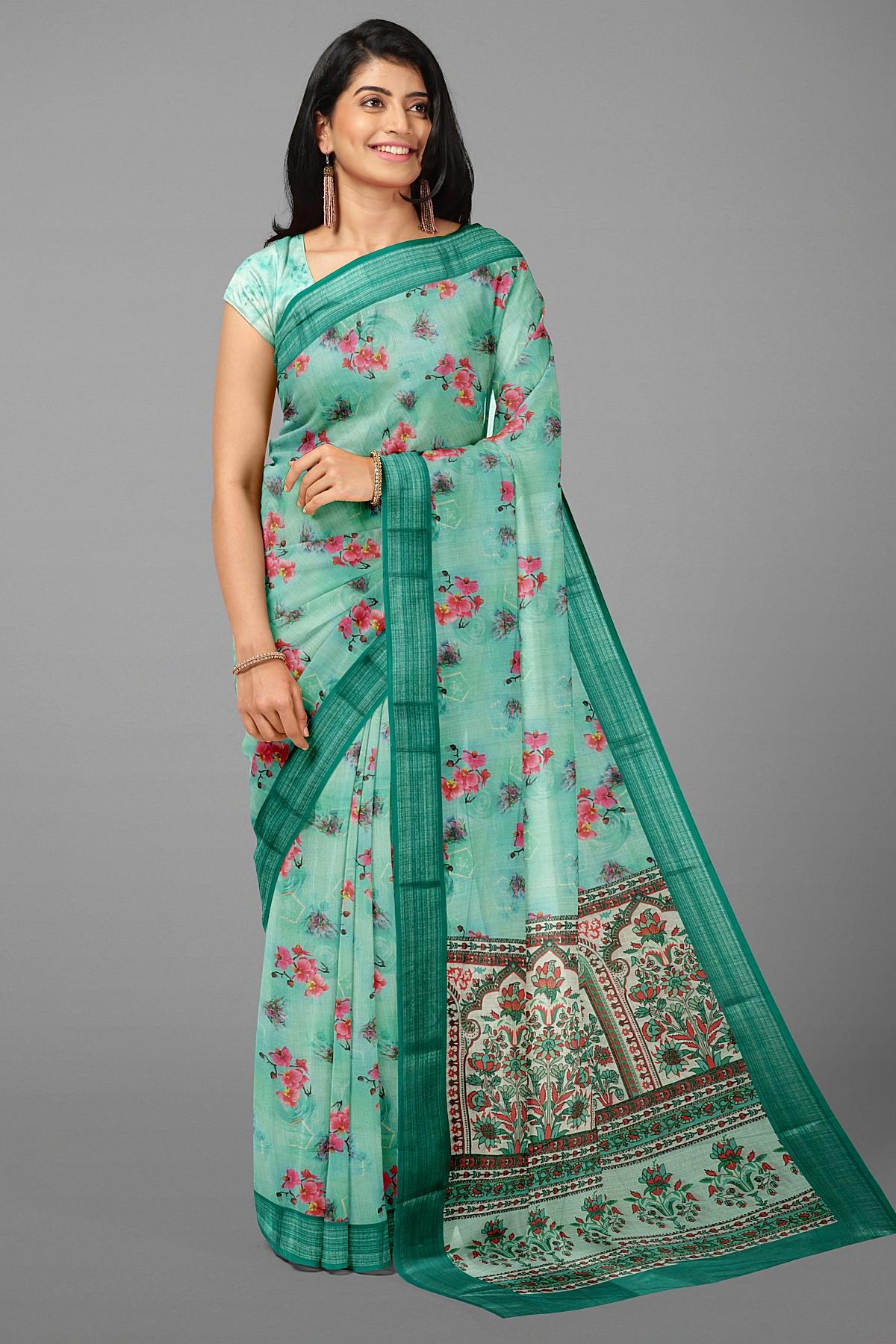 SEA GREEN and PINK FLORALS LINEN Saree with FANCY