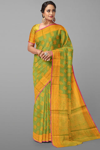 MEHANDI GREEN and GOLD BUTTIS SILK Saree with BANARASI FANCY