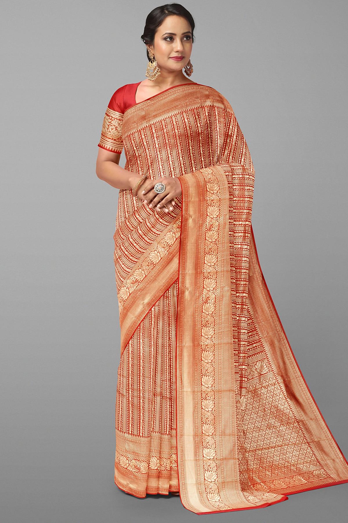 RED and GOLD PAISLEY WITH JAAL SILK BLEND Saree with BANARASI FANCY