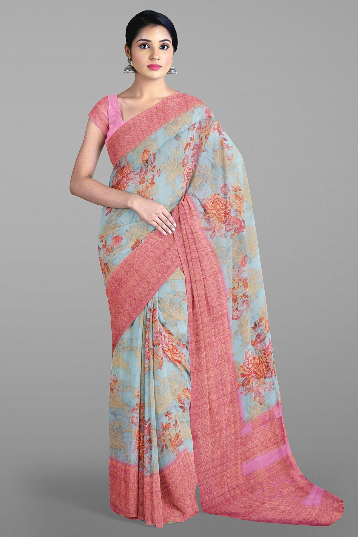 SKY BLUE and PINK FLORALS BHAGALPURI SILK Saree with BANARASI FANCY