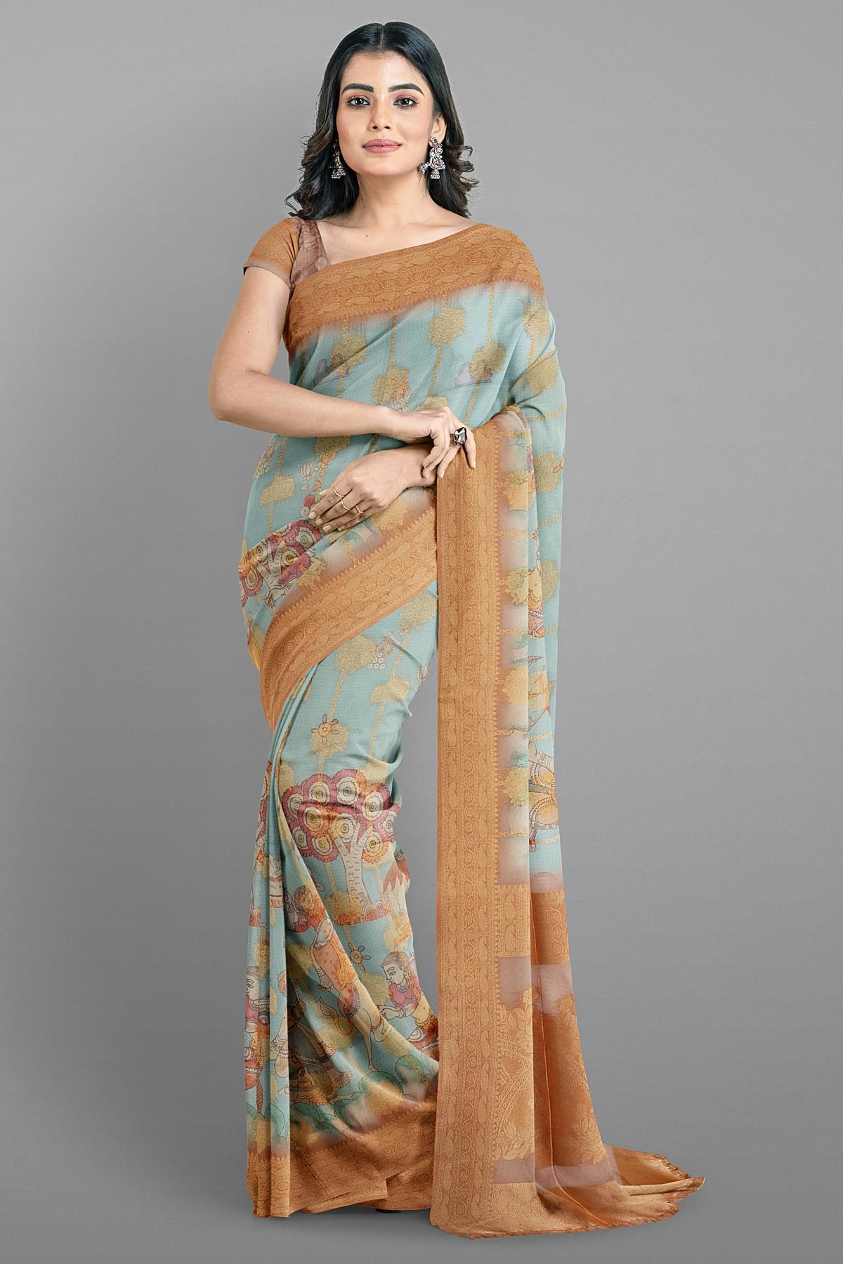 SKY BLUE and LIGHT BROWN FLORALS BHAGALPURI SILK Saree with BANARASI FANCY