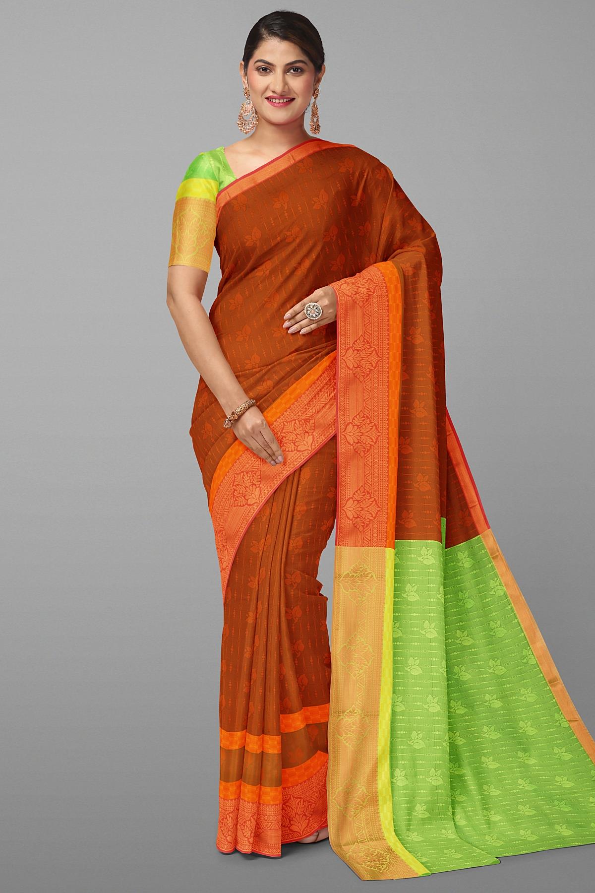 RUST and LIGHT GREEN FLORAL BUTTIS SILK Saree with BANARASI FANCY