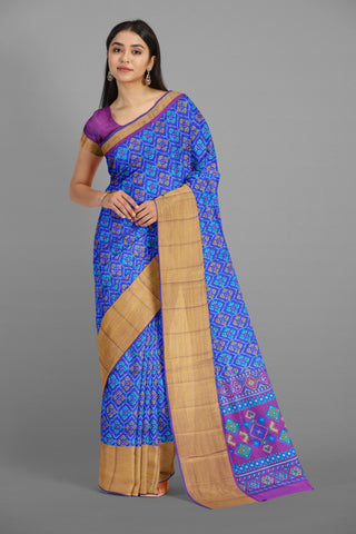 ROYAL BLUE and MULTI IKKAT PRINT SILK Saree with IKAT