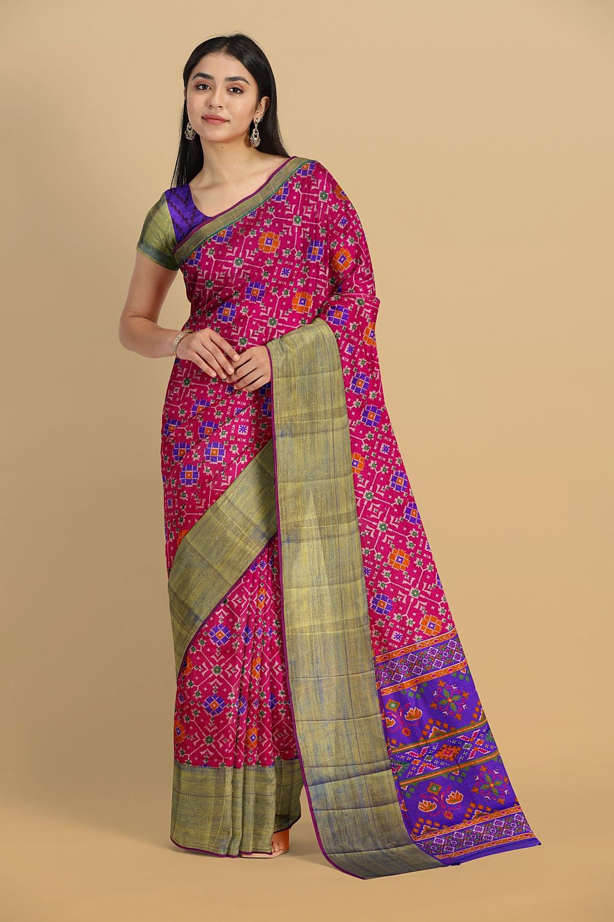 PINK and MULTI IKKAT PRINT SILK Saree with IKAT