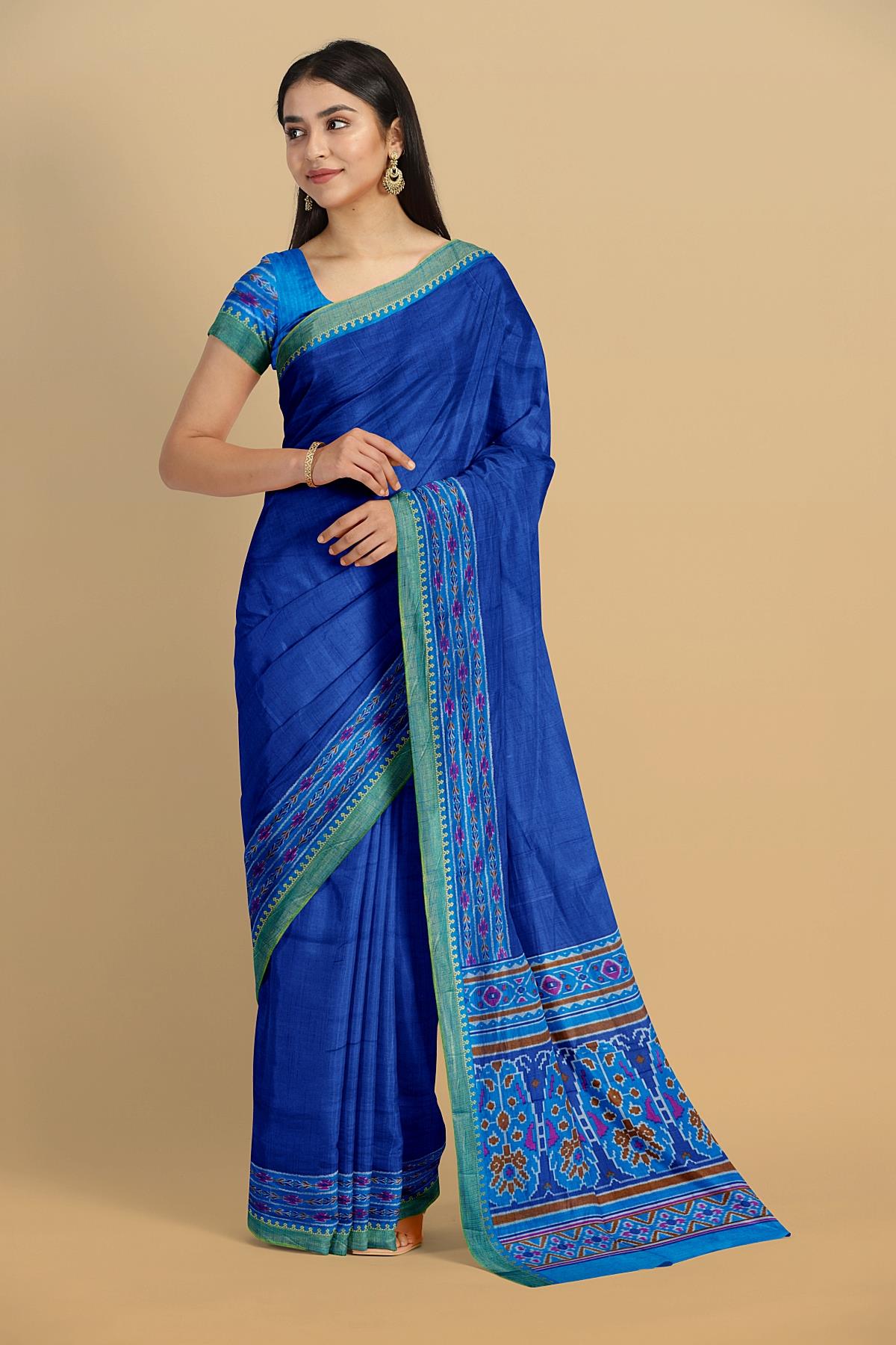 ROYAL BLUE and BLUE PLAIN SILK Saree with IKAT