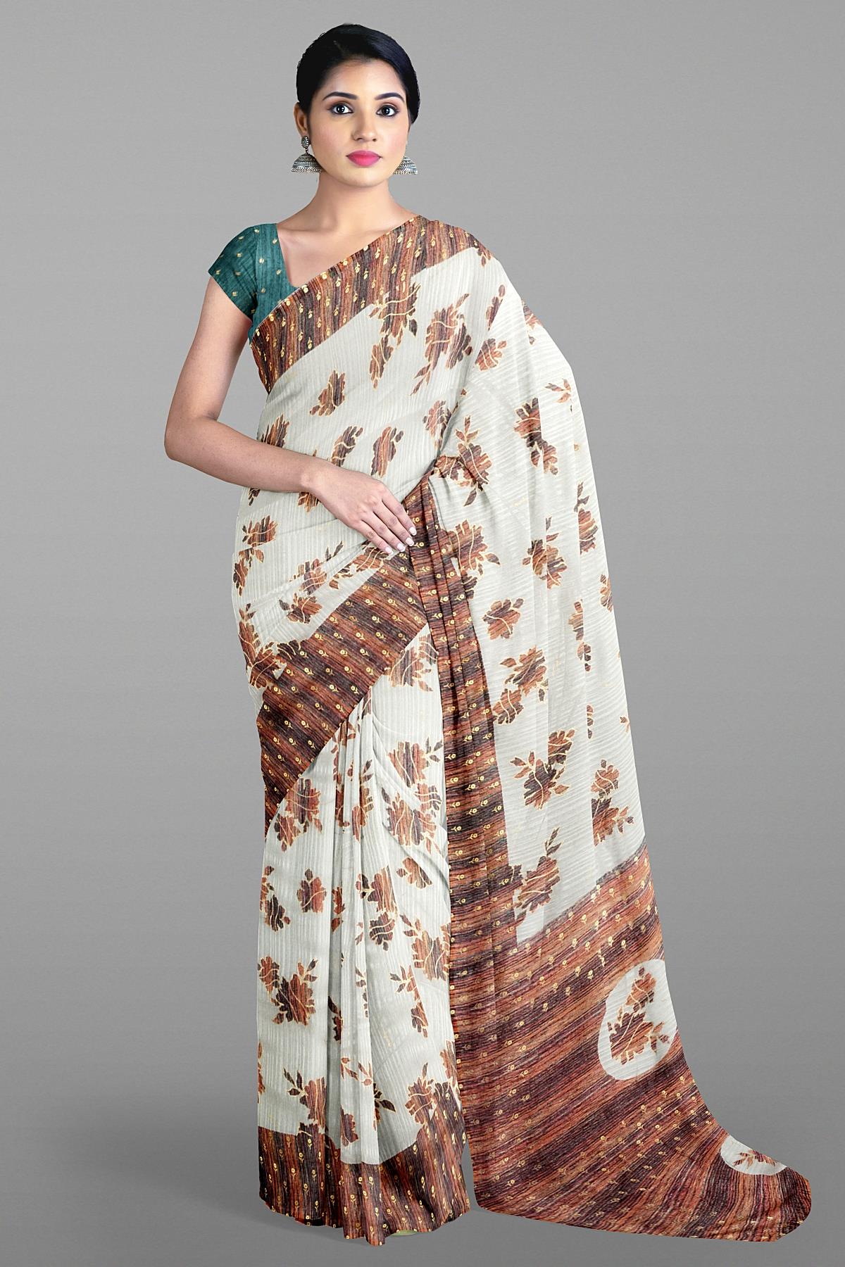 PEACH and OFF WHITE FLORALS SILK Saree with FANCY