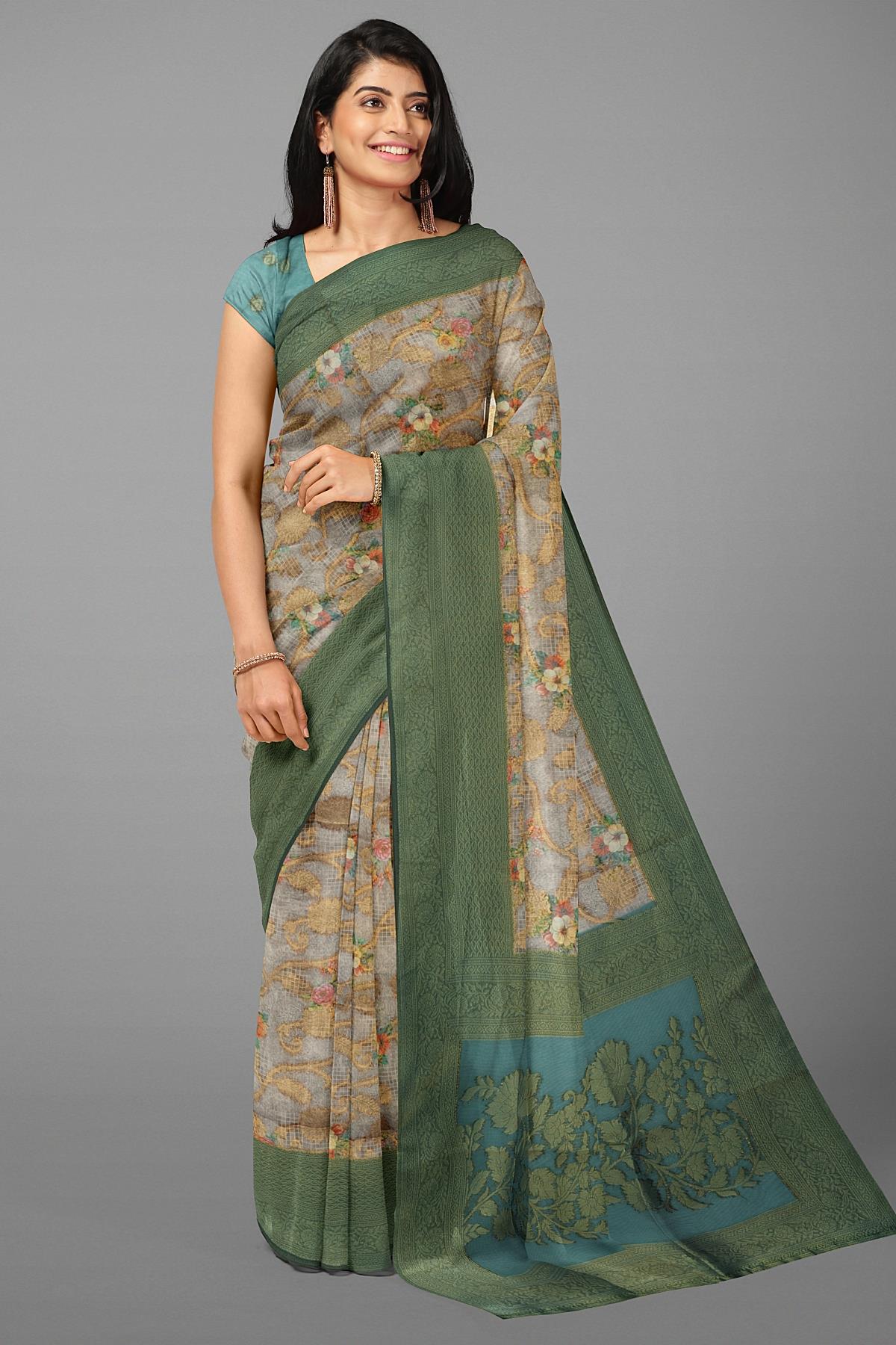 MULTI and PEACOCK BLUE FLORAL JAAL SILK Saree with BANARASI FANCY