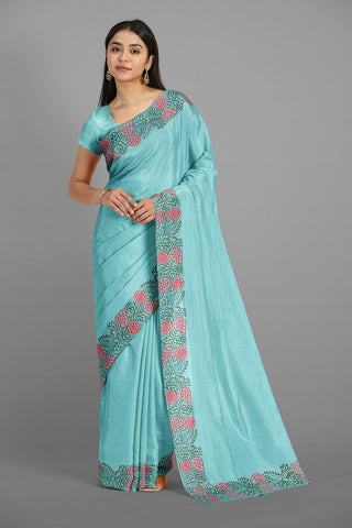 SKY BLUE and PINK SOLID DUPION SILK Saree with FANCY