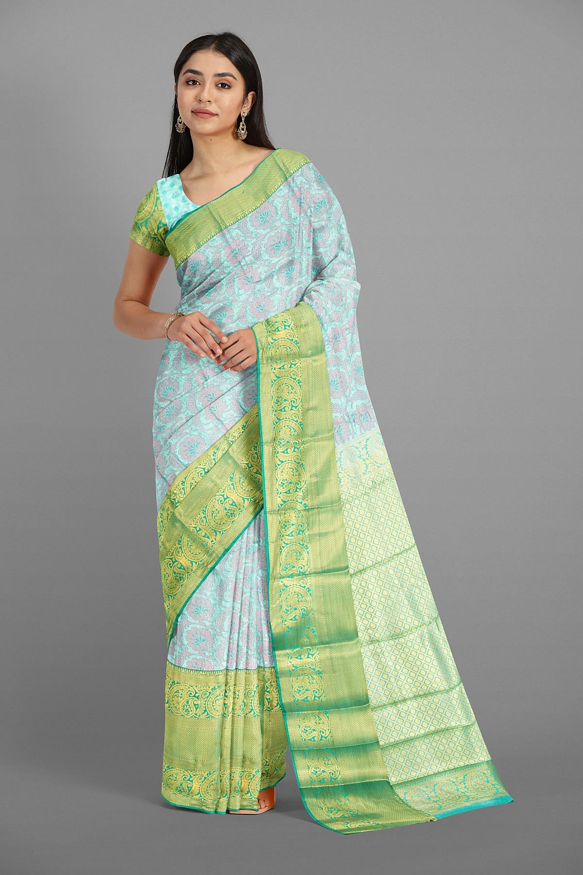 SEA GREEN and GREEN BROCADE SILK Saree with KANCHIPURAM