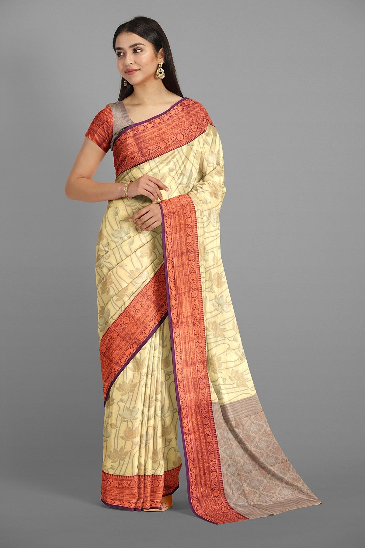 LIGHT YELLOW and PURPLE FLORAL JAAL WARM SILK Saree with BANARASI FANCY