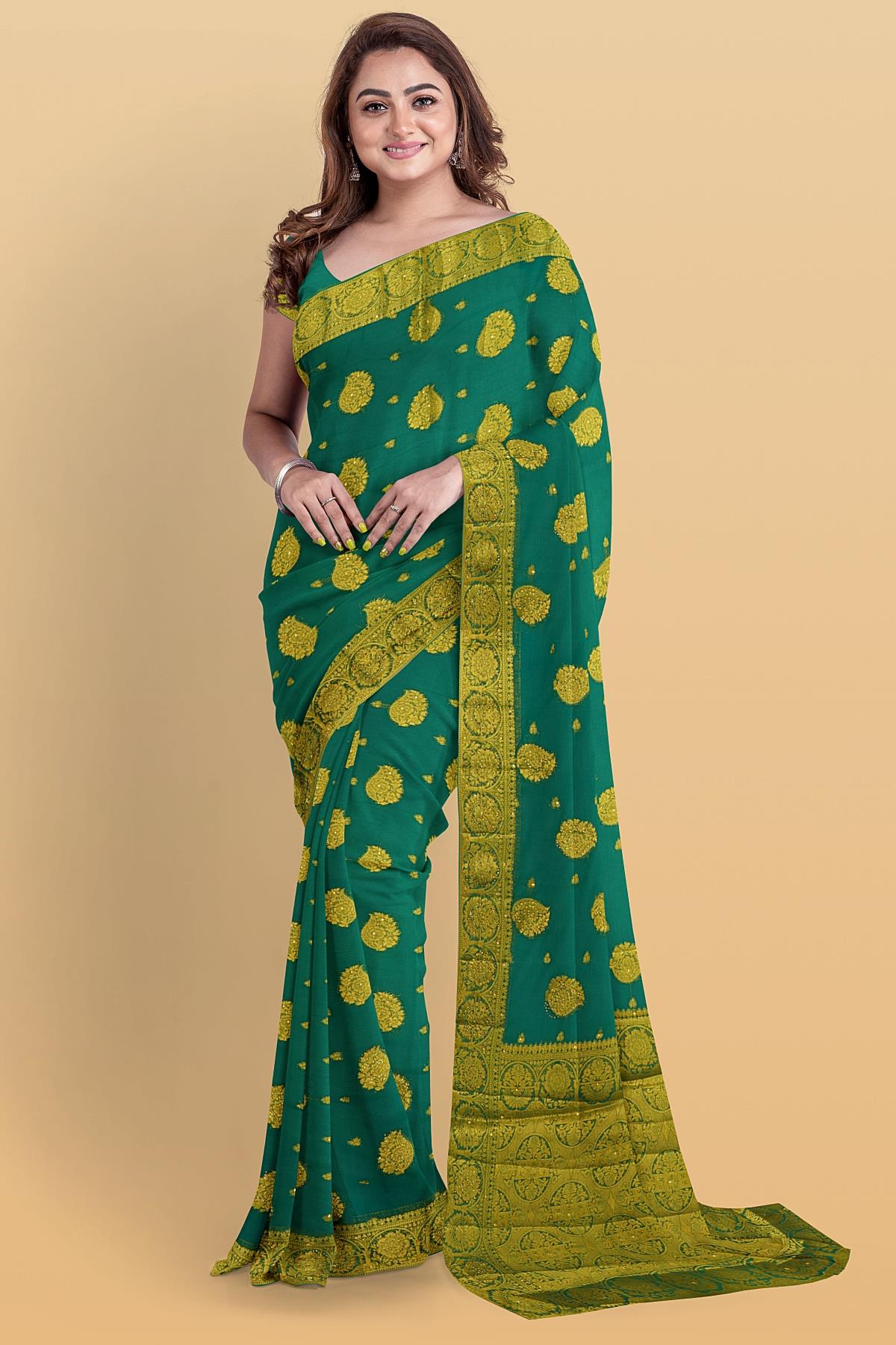 DARK GREEN and GOLD BUTTIS CHIFFON Saree with BANARASI CHIFFON