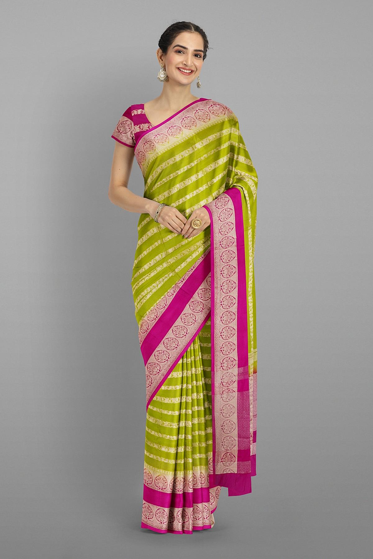 OLIVE GREEN and PURPLE JAAL WARM SILK Saree with BANARASI FANCY