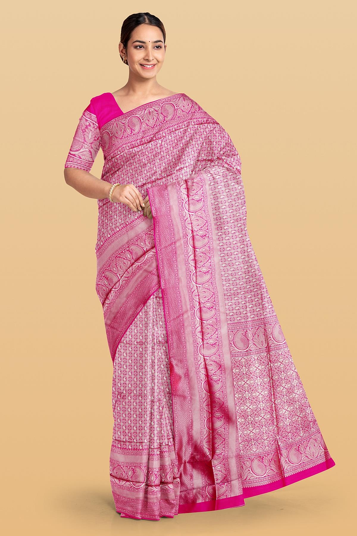 DARK PINK and SILVER CHECKS AND BUTTIS SILK Saree with BANARASI FANCY