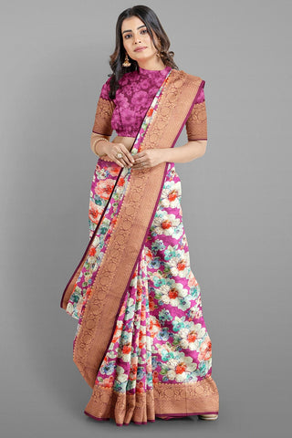 MAGENTA and PURPLE FLORALS SILK Saree with FANCY