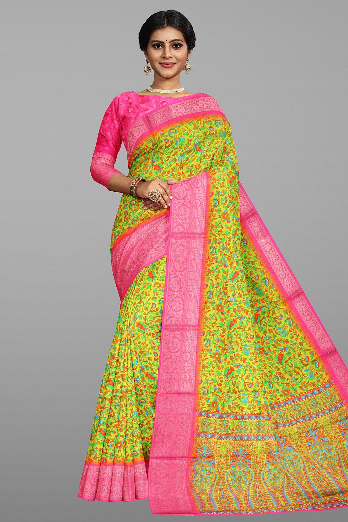 LIGHT GREEN and LIGHT PINK KALAMKARI PRINT SILK Saree with FANCY