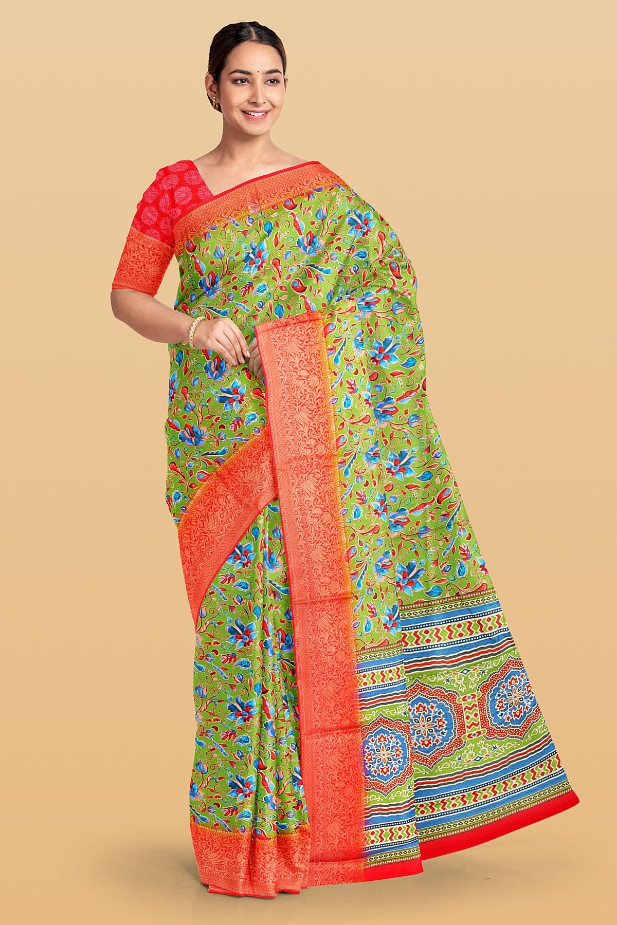 LIGHT GREEN and CORAL FLORALS SILK Saree with FANCY