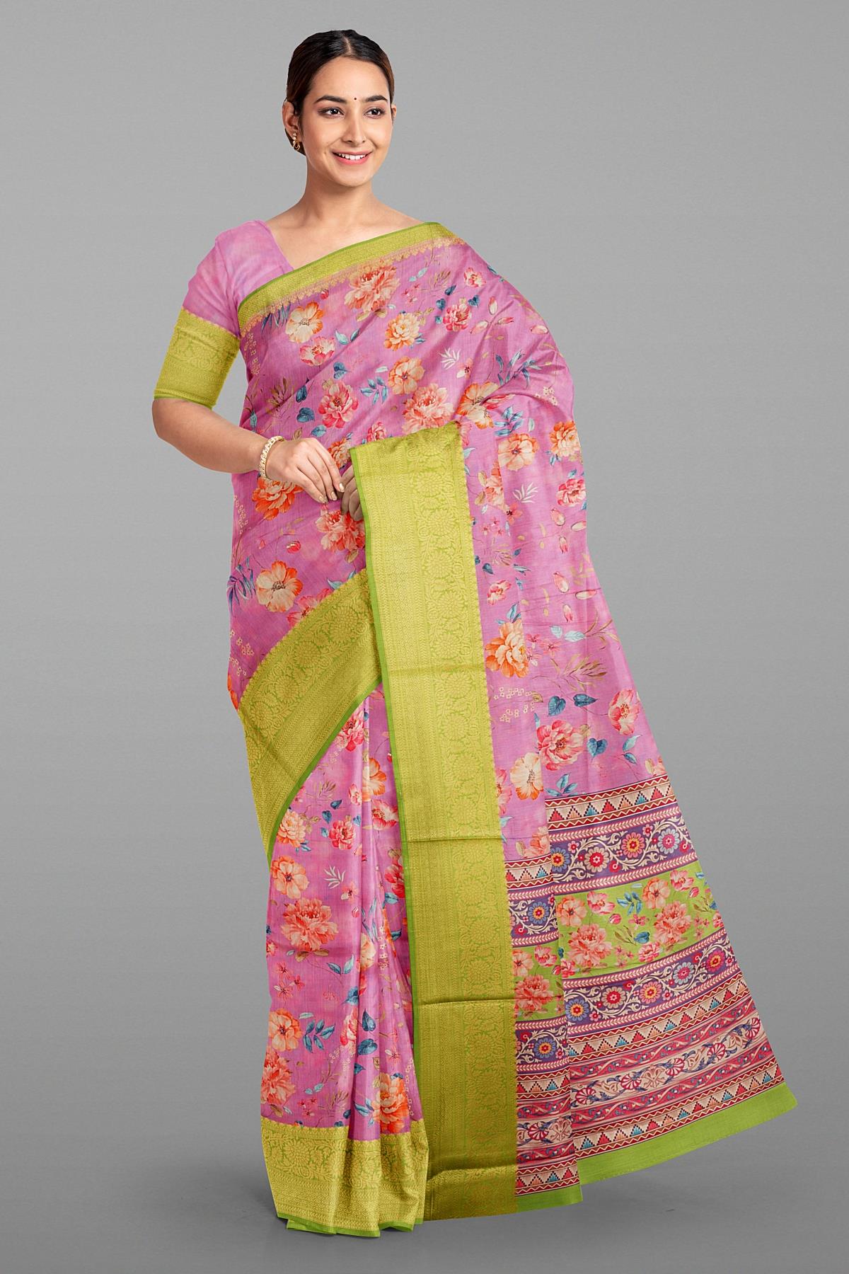 LIGHT PURPLE and LIGHT GREEN FLORALS SILK Saree with FANCY