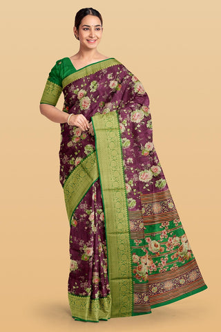 PURPLE and GREEN FLORALS SILK Saree with FANCY