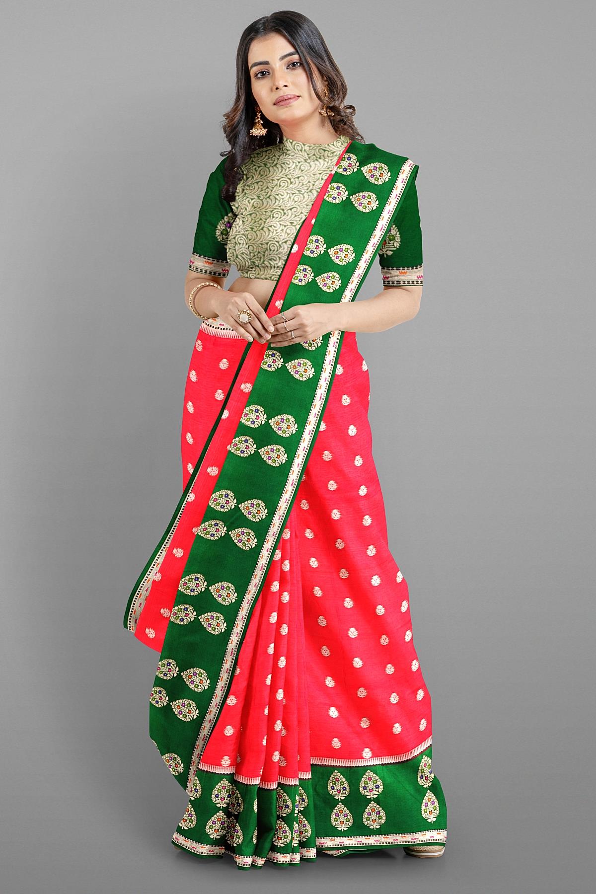 RED and DARK GREEN BUTTIS SILK Saree with FANCY