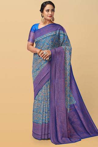 LIGHT BLUE and ROYAL BLUE FLORALS SILK Saree with FANCY