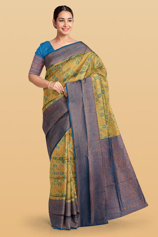 OLIVE GREEN and DARK BLUE LEAF WEAVING SILK Saree with FANCY