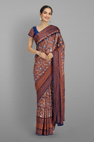 NAVY BLUE and COPPER FLORAL JALL WITH FIGURES SILK Saree with FANCY