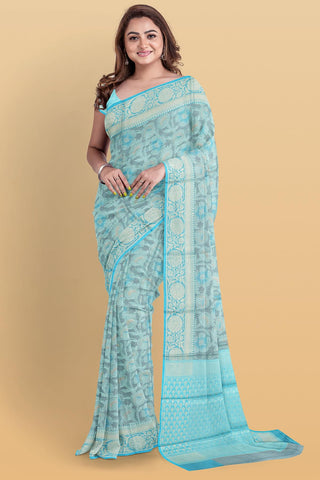 GREY and BLUE FLORAL JAAL SILK Saree with FANCY