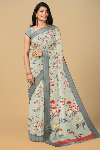 BEIGE and GREY FLORALS LINEN Saree with FANCY