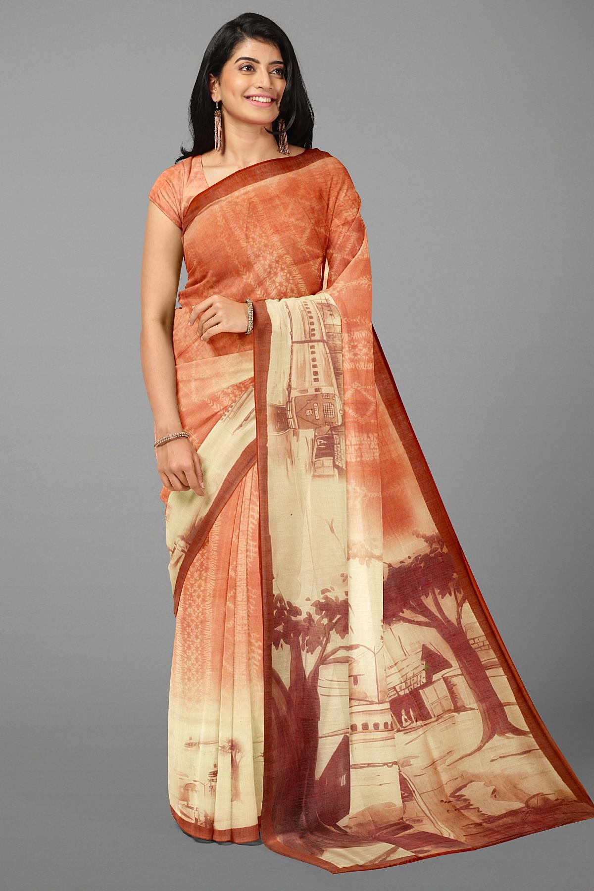 RUST and CREAM DIGITAL PRINT SILK Saree with FANCY