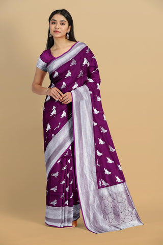 DARK PURPLE and SILVER BIRDS FIGURE WEAVING SILK Saree with FANCY